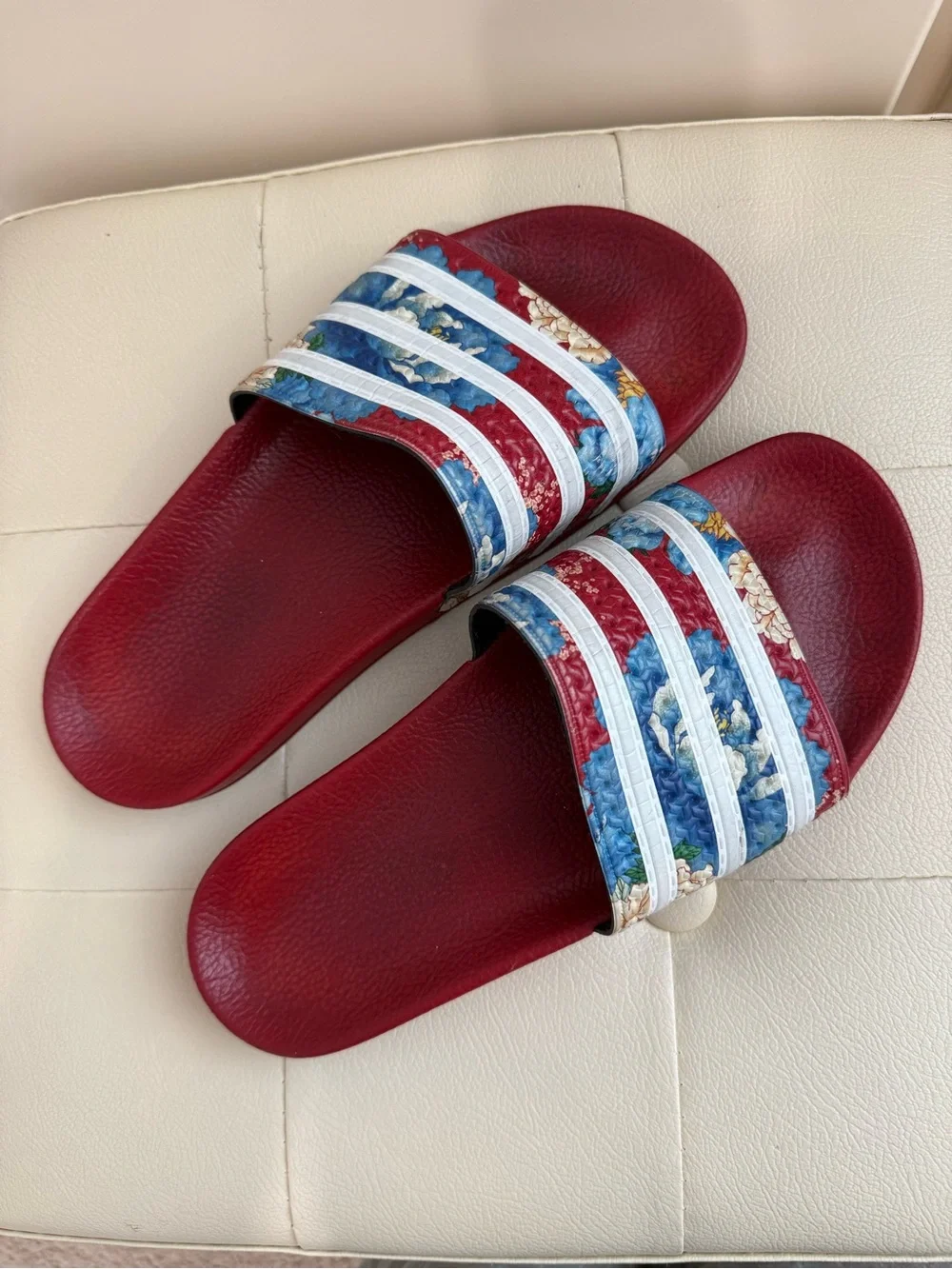 ADIDAS X THE FARM ADILETTE FLORAL STRIPED SLIDE SANDAL, RED